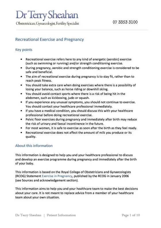 Information on recreational exercise and pregnancy